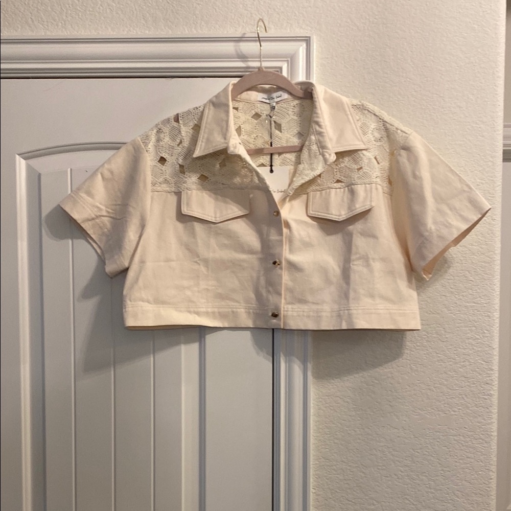 NWT Jacquie the Label Cream Cropped Shirt with Knit Detail, L